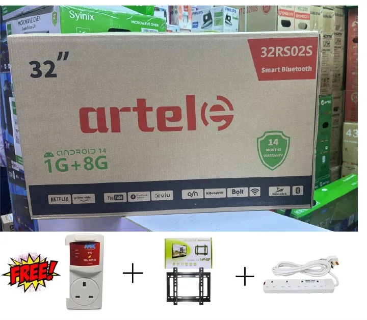 🎁 3 FREE GIFTS INCLUDED! MK TV Guard ⚡ + Wall Mount Bracket 🧱 + 3-Way Extension Cable 🔌 – With Every Artel 32” Android 14 Smart Bluetooth TV 📺🔥