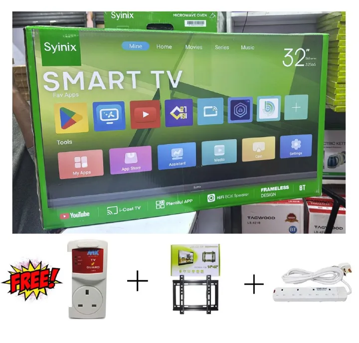 🎁 FREE GIFT SET: MK TV Guard ⚡ + Wall Mount Bracket 🧱 + 3-Way Extension Cable 🔌 – Comes with Syinix 32” Frameless Smart Android TV 📺💚