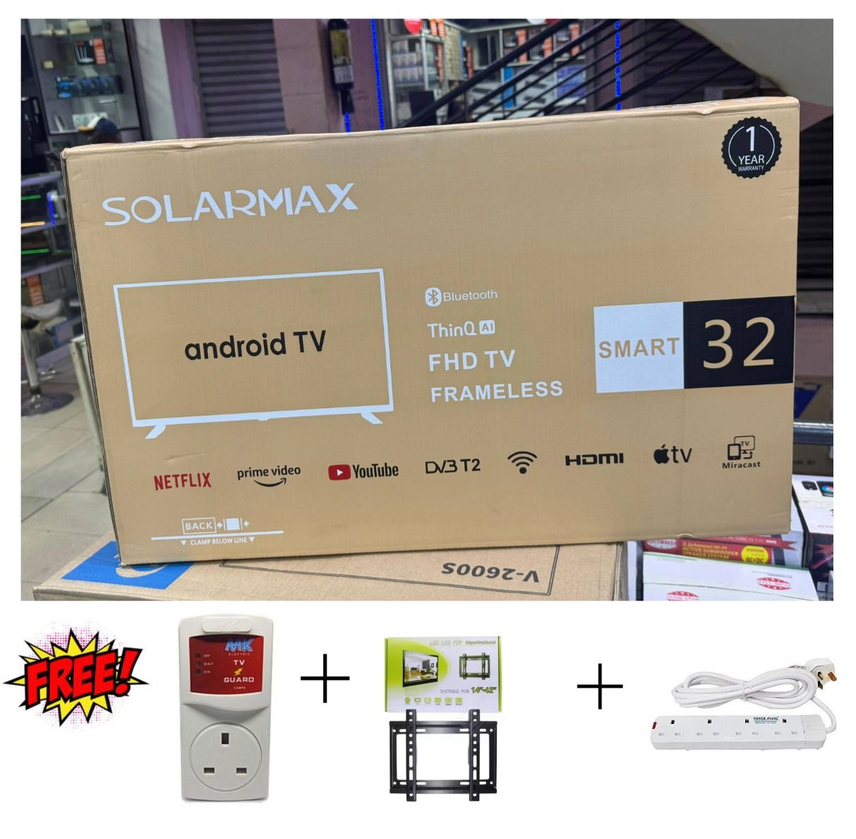 🎁 BONUS TRIPLE GIFT SET! FREE MK TV Guard ⚡ + Wall Mount Bracket 🧱 + 3-Way Extension Cable 🔌 with Every Solarmax 32” Frameless Android Smart TV 📺🎉