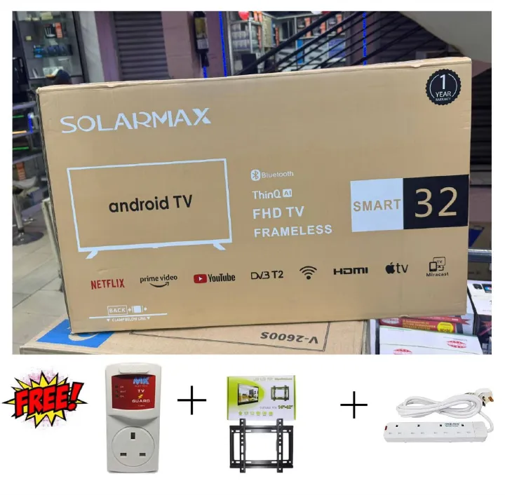 🎁 BONUS TRIPLE GIFT SET! FREE MK TV Guard ⚡ + Wall Mount Bracket 🧱 + 3-Way Extension Cable 🔌 with Every Solarmax 32” Frameless Android Smart TV 📺🎉