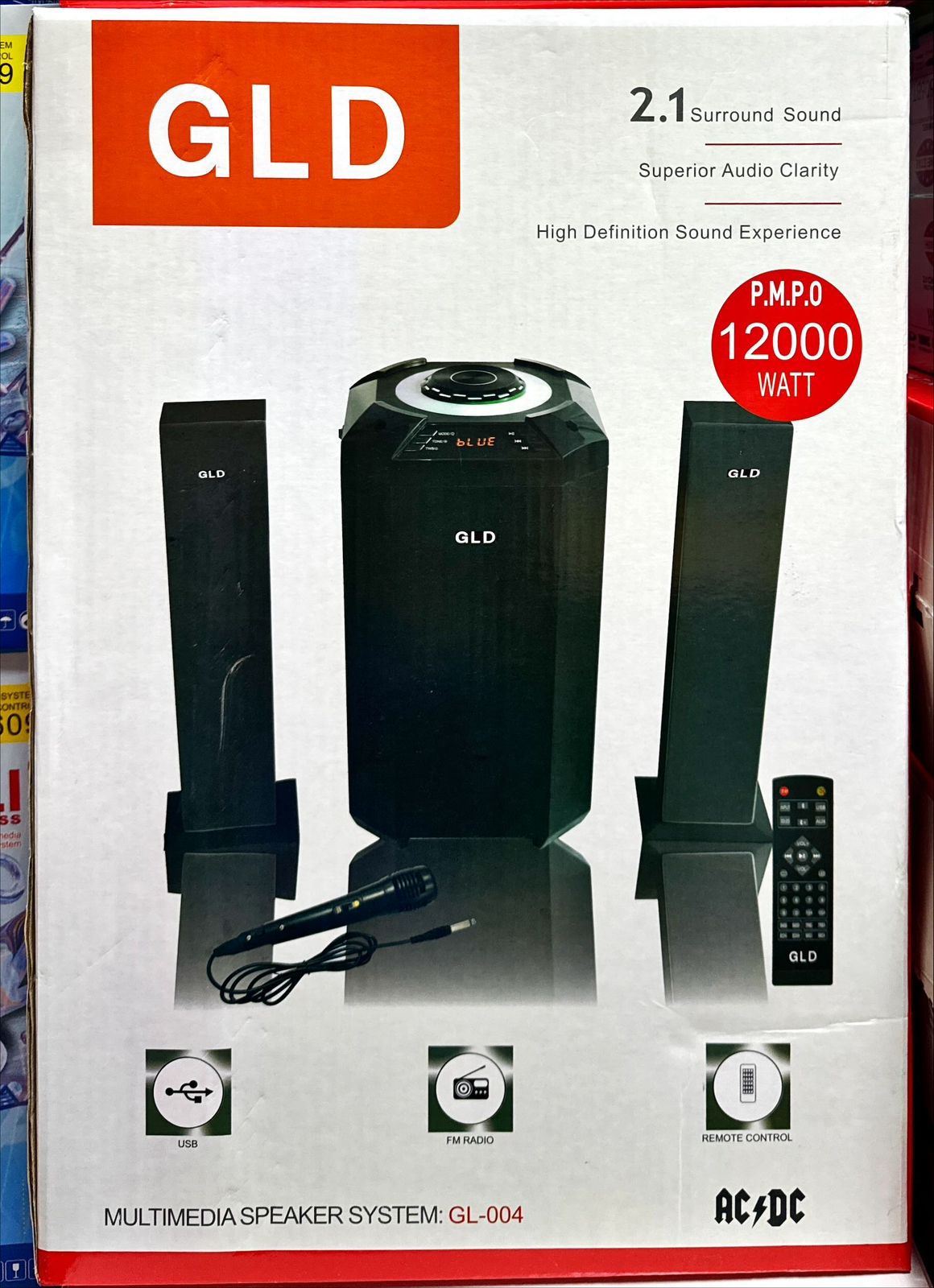 🧨🔥 GLD 2.1CH Multimedia Speaker System 12000W with FM Radio 🎤 USB Support 🎶 Remote Control 🎯 AC/DC Powered – Model GL-004 💥🎧
🎵💡 Bring your home to life with this powerful GLD 2.1CH Speaker