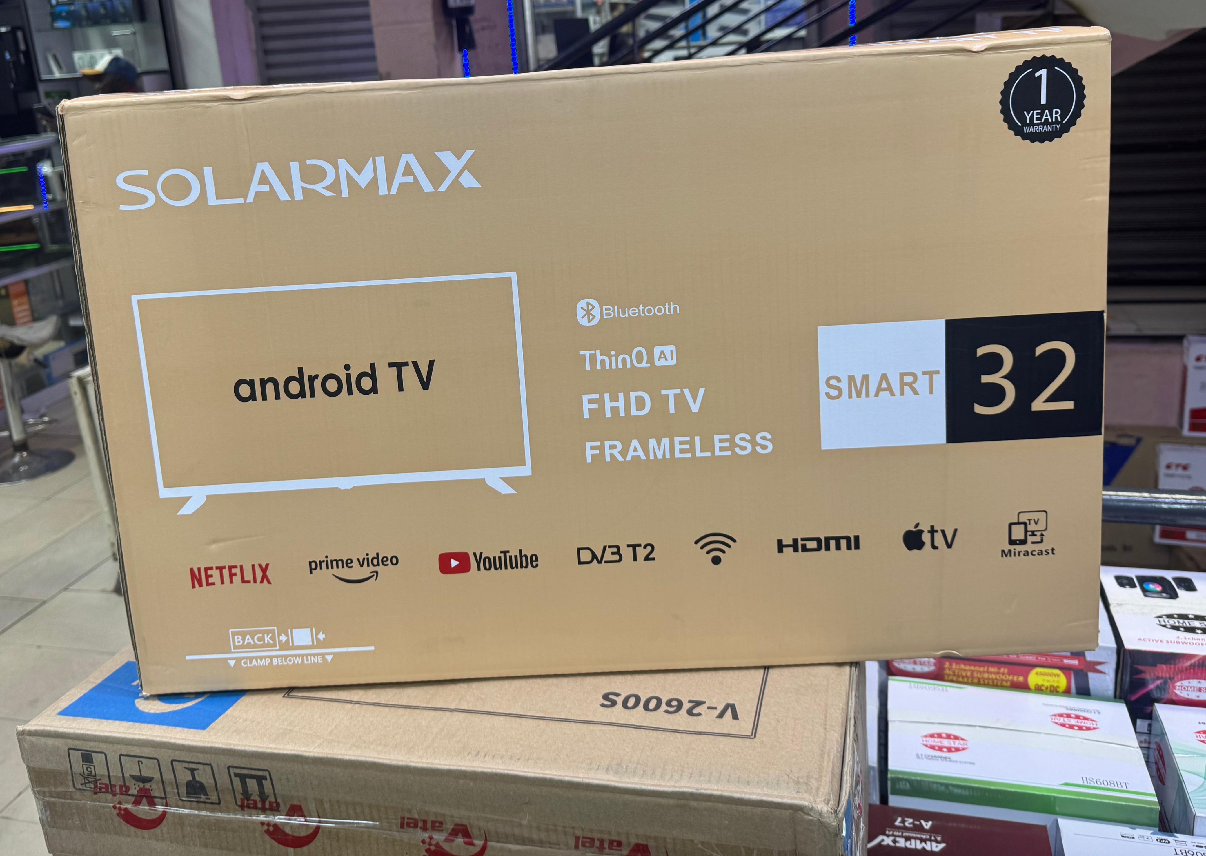 ✨ Solarmax 32” Android Smart TV 🌐 | Frameless FHD Display 🖼️ | Bluetooth 🔊 | ThinQ AI 🤖 | Netflix 🎬 | YouTube 📺 | Prime Video 🍿 | WiFi 📡 | DVB-T2 📶 | HDMI 🔌 | Miracast 📲 | Apple TV 🍏 | 1-Y
