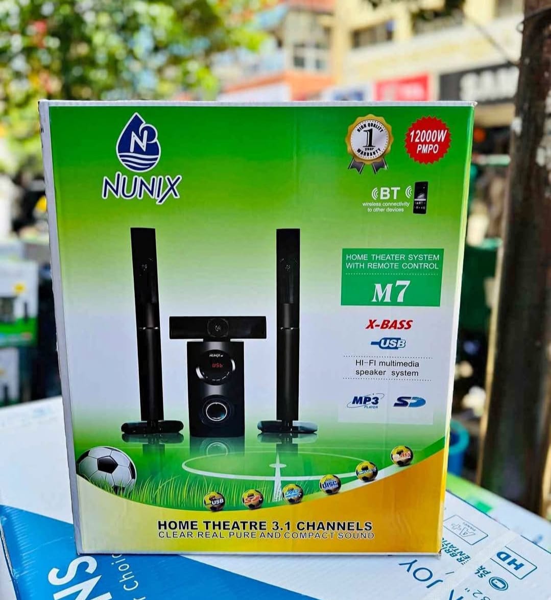 Nunix NU-M7 3-1 Channel Mini Home Theater System – Bluetooth, USB, FM, HiFi Bass, 12000W PMPO, Remote Control, LED Display, DVD Support, Tall Boy Design 🔊🎼🎮