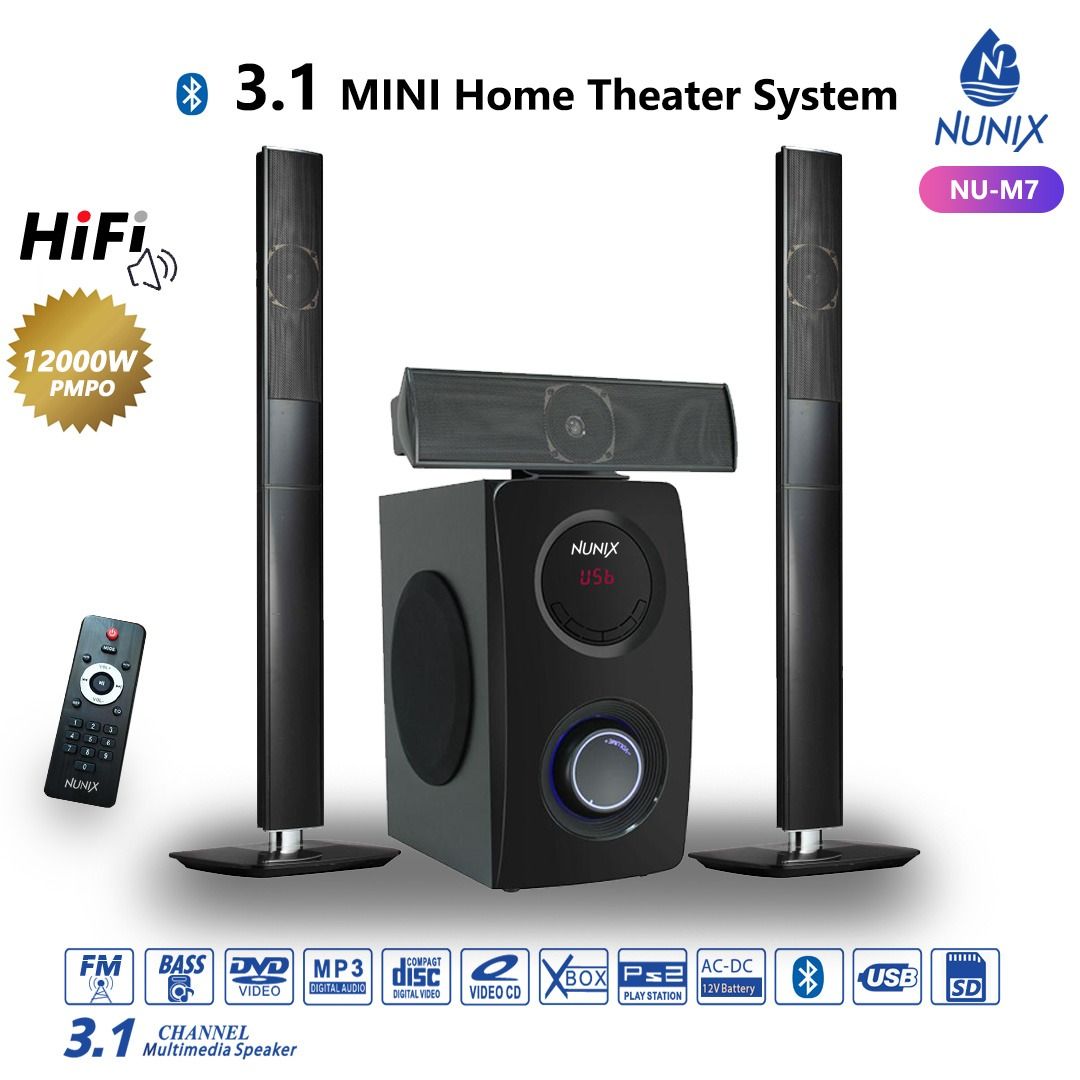 Nunix NU-M7 3-1 Channel Mini Home Theater System – Bluetooth, USB, FM, HiFi Bass, 12000W PMPO, Remote Control, LED Display, DVD Support, Tall Boy Design 🔊🎼🎮