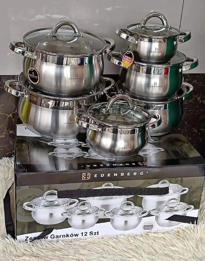 12-Piece Edenberg Stainless Steel Cookware Set 🥘 Durable Mirror Finish Pots with Glass Lids | Induction-Ready, Elegant, Rustproof & Dishwasher-Safe Cookware Collection 🌟
