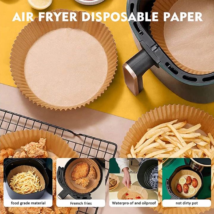 50Pcs/Set Pre-Cut Air Fryer Parchment Paper Liners - Double Sided Non-Stick Baking Sheets, Wood Pulp Disposable Round Trays for Cheesecake/Chicken/Fries (20cm Dia, Food Grade)