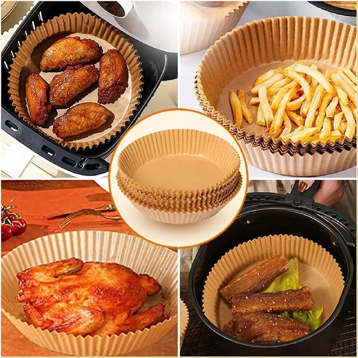 50Pcs/Set Pre-Cut Air Fryer Parchment Paper Liners - Double Sided Non-Stick Baking Sheets, Wood Pulp Disposable Round Trays for Cheesecake/Chicken/Fries (20cm Dia, Food Grade)
