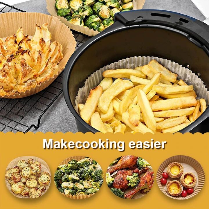 50Pcs/Set Pre-Cut Air Fryer Parchment Paper Liners - Double Sided Non-Stick Baking Sheets, Wood Pulp Disposable Round Trays for Cheesecake/Chicken/Fries (20cm Dia, Food Grade)