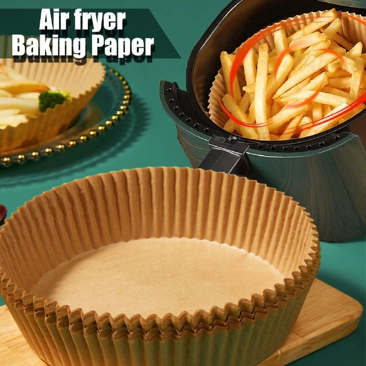 50Pcs/Set Pre-Cut Air Fryer Parchment Paper Liners - Double Sided Non-Stick Baking Sheets, Wood Pulp Disposable Round Trays for Cheesecake/Chicken/Fries (20cm Dia, Food Grade)