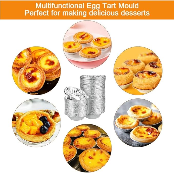 100PCS Professional 7cm Aluminum Foil Baking Cups | Commercial-Grade Disposable Tart Molds with Reinforced Ridged Design | Oven & Air Fryer Safe for Egg Tarts, Cupcakes, Mini Pies (Base 4cm/Height 2
