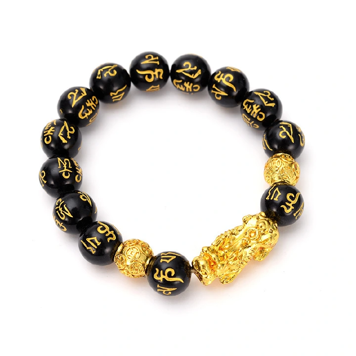 Feng Shui Obisidian Stone Beads Bracelet Men Women Wristband Gold Color Pixiu Black Six Character Proverbs Wealth and Good Luck