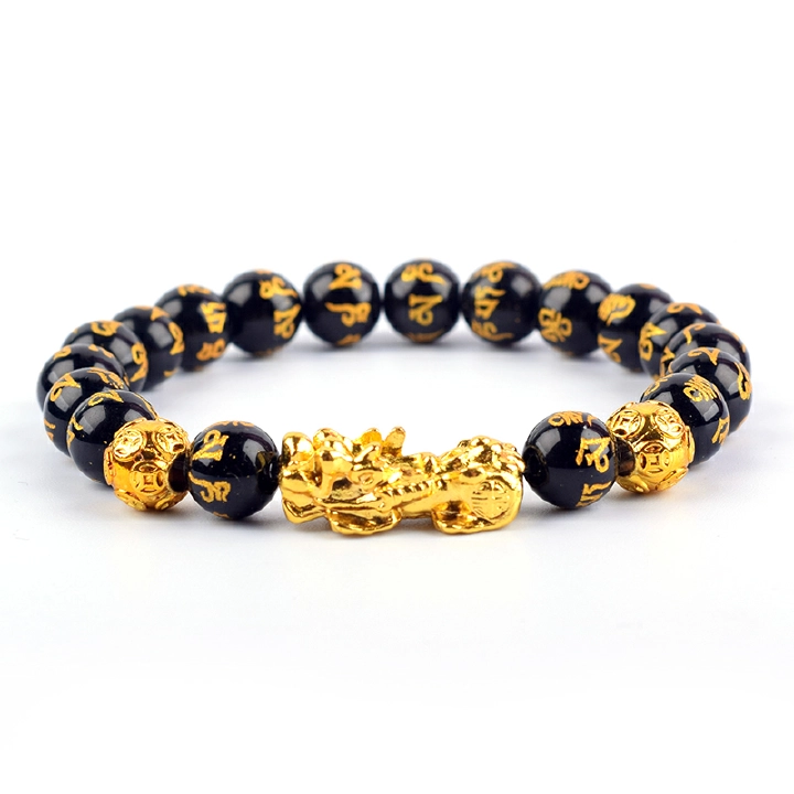 Feng Shui Obisidian Stone Beads Bracelet Men Women Wristband Gold Color Pixiu Black Six Character Proverbs Wealth and Good Luck