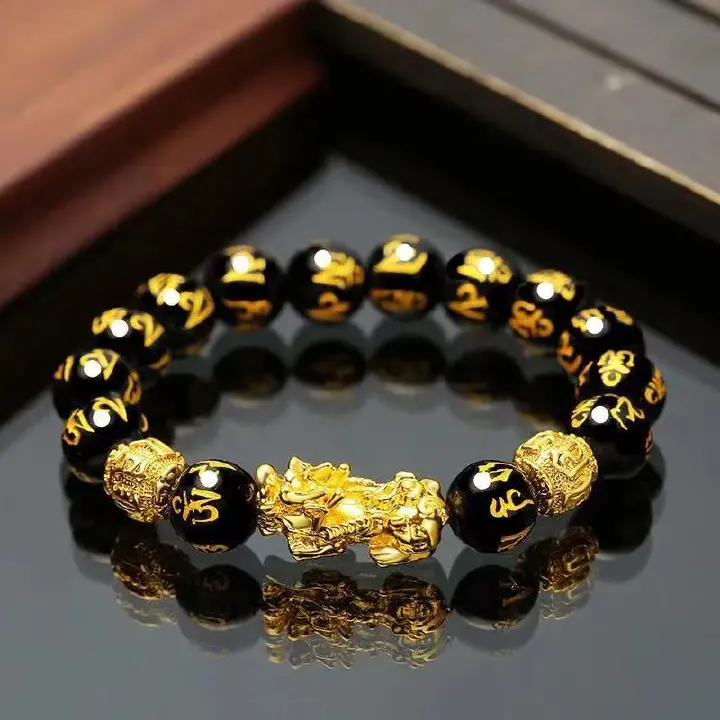 Feng Shui Obisidian Stone Beads Bracelet Men Women Wristband Gold Color Pixiu Black Six Character Proverbs Wealth and Good Luck