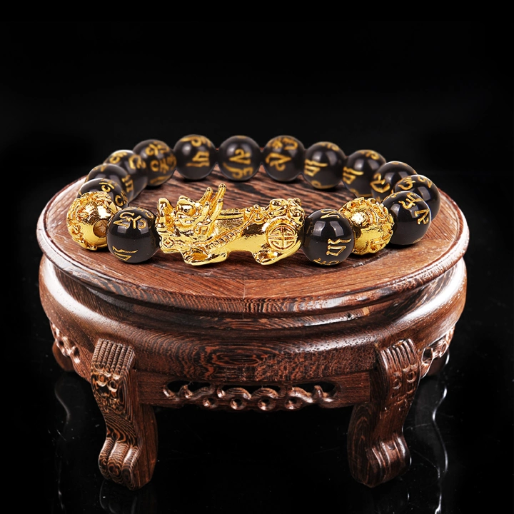Feng Shui Obisidian Stone Beads Bracelet Men Women Wristband Gold Color Pixiu Black Six Character Proverbs Wealth and Good Luck