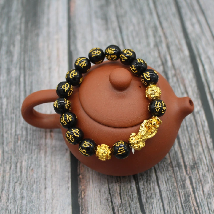 Feng Shui Obisidian Stone Beads Bracelet Men Women Wristband Gold Color Pixiu Black Six Character Proverbs Wealth and Good Luck