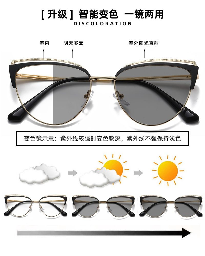 1pc Metal Photochromic Cat Eye Glasses, 2-In-1 Fashion Decorative Eyewear, Indoor Clear Lens & Outdoor