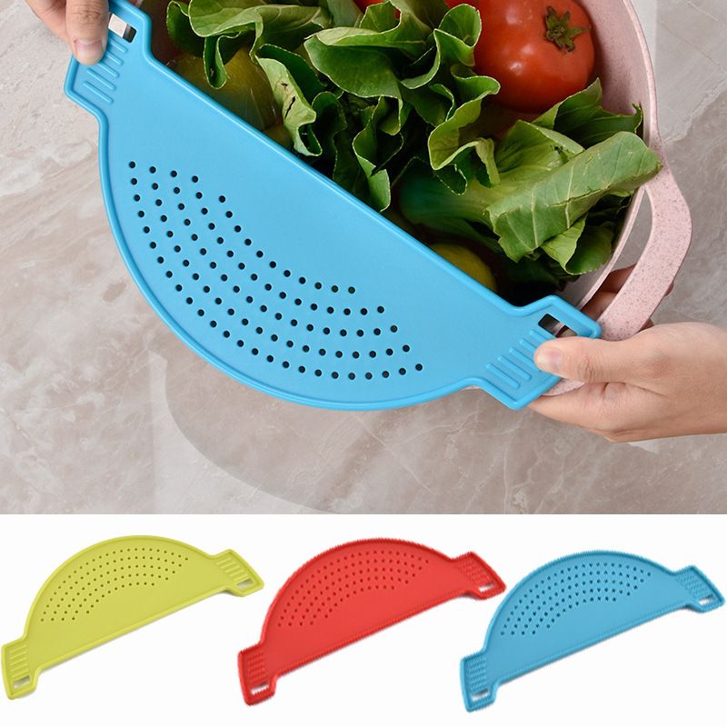 Plastic drainer, crescent shaped pot funnel, food filter board, drainage sieve with handle, suitable for pasta, vegetables, fruits, colander, kitchen utensils, pad