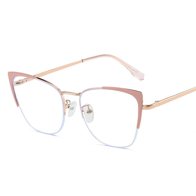 Women's Trendy Cat's Eye Half Frame Eyeglasses Anti Blue Light Eyewear for Ladies Metal Frame Fashion Glasses