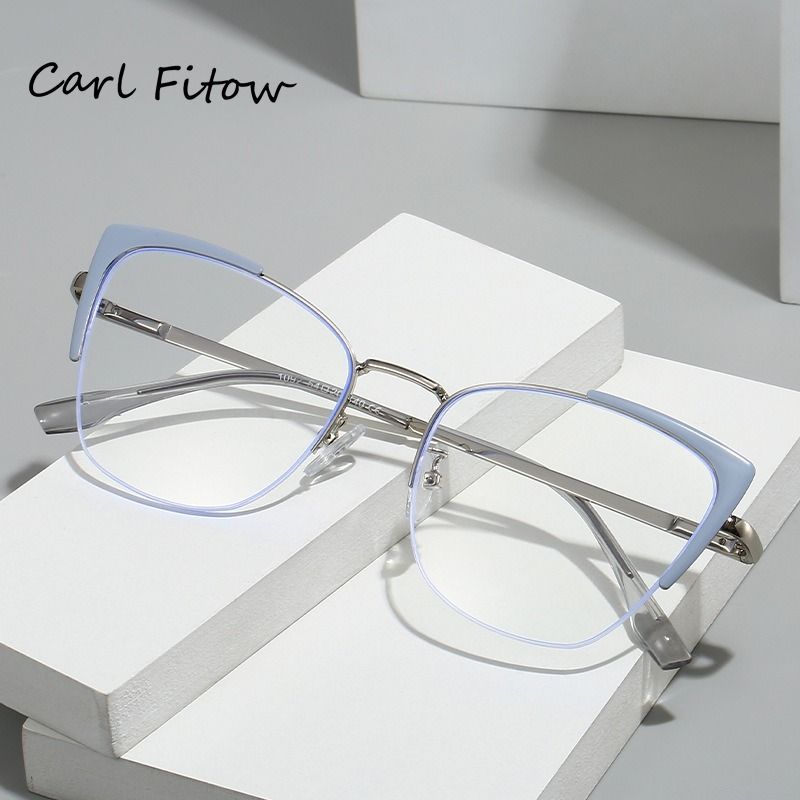 Women's Trendy Cat's Eye Half Frame Eyeglasses Anti Blue Light Eyewear for Ladies Metal Frame Fashion Glasses