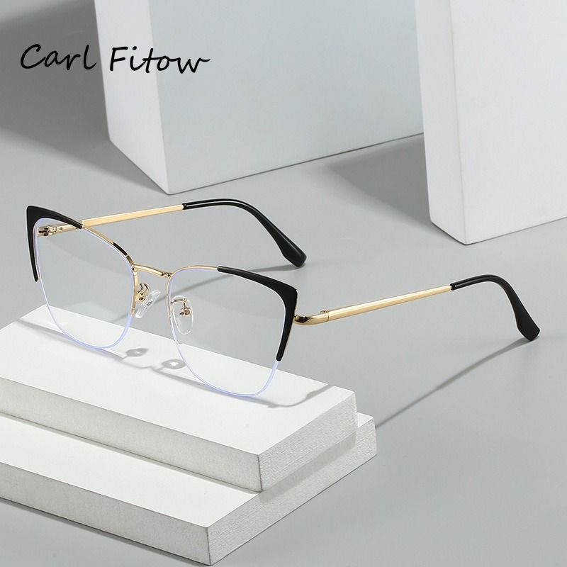 Women's Trendy Cat's Eye Half Frame Eyeglasses Anti Blue Light Eyewear for Ladies Metal Frame Fashion Glasses