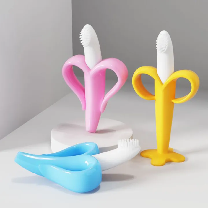 3PCS Banana Teether Soothing Pain Relief Soft Silicone Train Baby Toothbrush Teething Toys for Babies Toddlers Infants for Oral Hygiene Food Grade Can sterilized at high temperature With suction cup