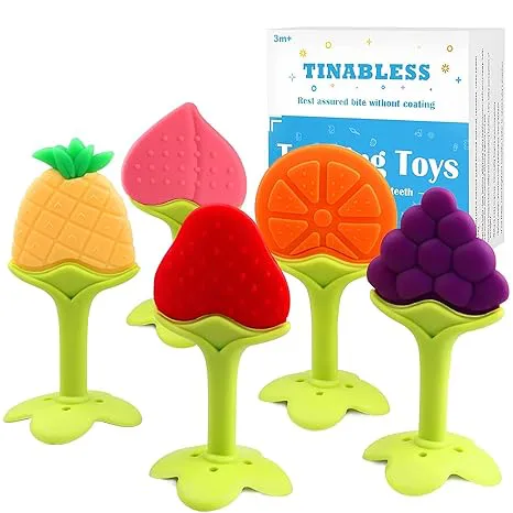 5PCS fruit Teether Soothing Pain Relief Soft Silicone Train Baby Toothbrush Teething Toys for Babies Toddlers Infants for Oral Hygiene Food Grade Can sterilized at high temperature With suction cup