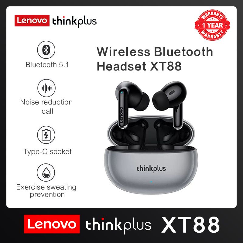 Lenovo Thinkplus XT88 Bluetooth Earphones TWS Wireless Bluetooth Earphones Touch Control 5.3 Bluetooth Dual Stereo Sound Noise Reduction Wireless Laiya Earphones