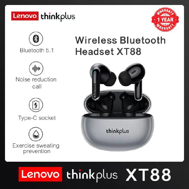 Lenovo Thinkplus XT88 Bluetooth Earphones TWS Wireless Bluetooth Earphones Touch Control 5.3 Bluetooth Dual Stereo Sound Noise Reduction Wireless Laiya Earphones