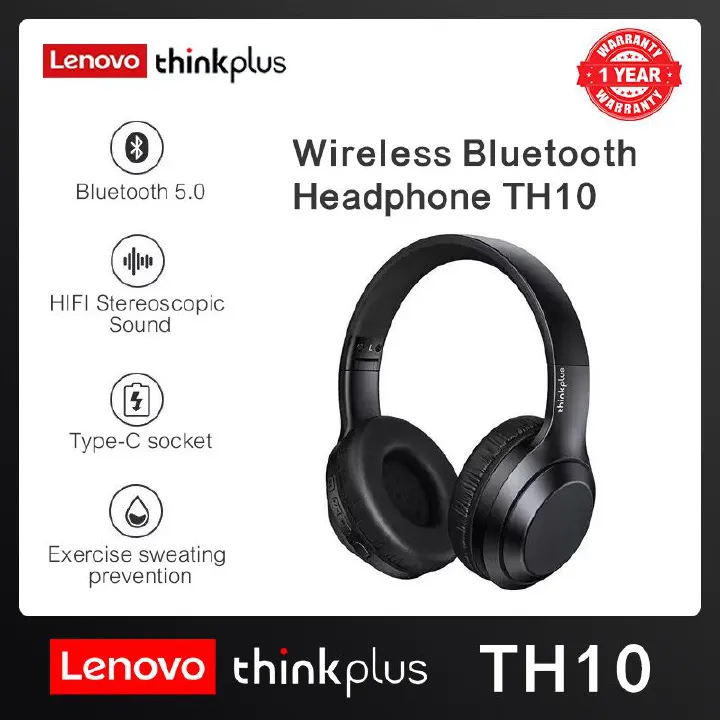 Lenovo Thinkplus TH10 Head mounted Wireless Bluetooth Earphones for Music 9D Surround Sound and Microphone 3.5MM Assist Smartphones IOS and Android