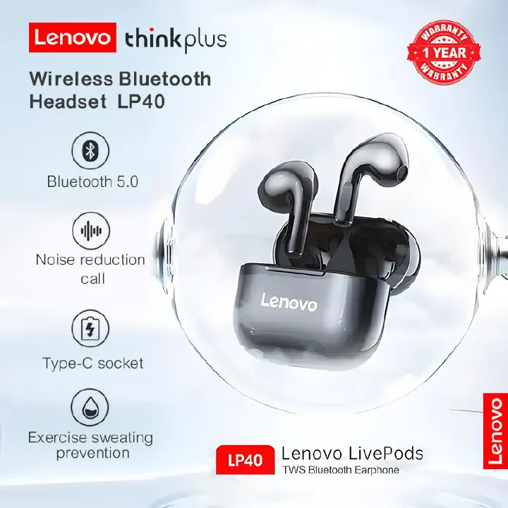 Lenovo Thinkplus LP40 Bluetooth Earphones TWS Wireless Bluetooth Earphones 5.0 Bluetooth Sports Noise Reduction Waterproof Wireless Bluetooth Earphones