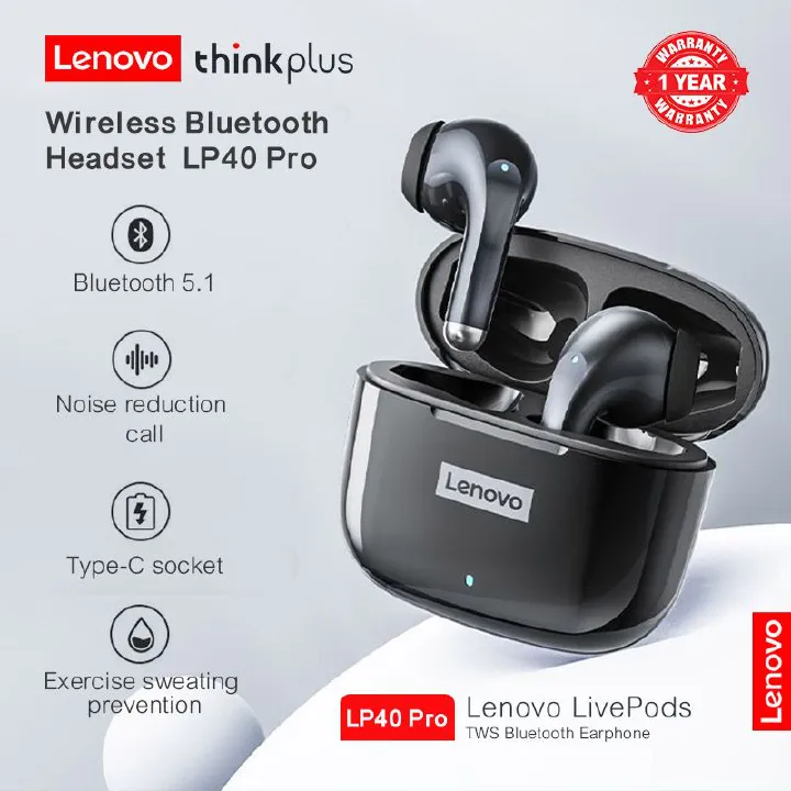 Lenovo Thinkplus LP40 Pro Touch Bluetooth Earphones TWS Wireless Bluetooth Earphones 5.0 Noise Reduction Dual Stereoscopic Sound Effect Wireless Bluetooth Earphones