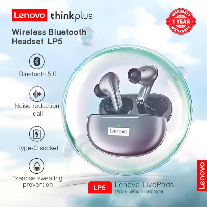 Lenovo ThinkPlus LP5 Bluetooth Earphones TWS Bluetooth Earphones Music 9D Surround Sound IPX5 Waterproof Wireless Bluetooth Earphones