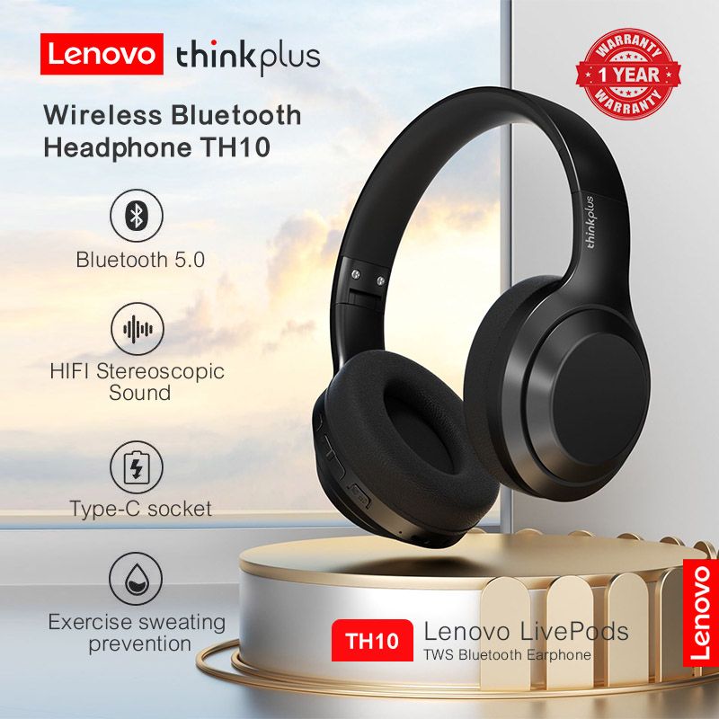 Lenovo Thinkplus TH10 Head mounted Wireless Bluetooth Earphones for Music 9D Surround Sound and Microphone 3.5MM Assist Smartphones IOS and Android