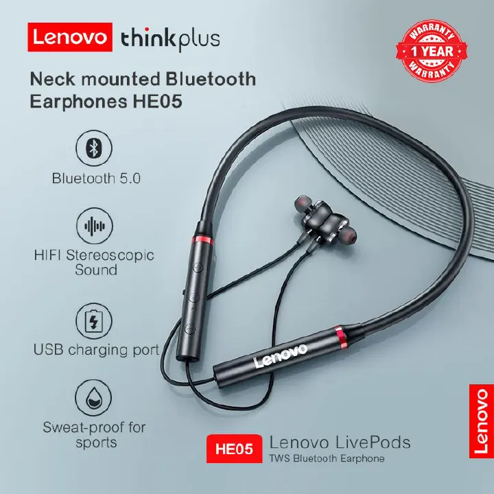 Lenovo ThinkPlus HE05 neck hanging Bluetooth earphones magnetic suction running waterproof TWS wireless Bluetooth earphones
