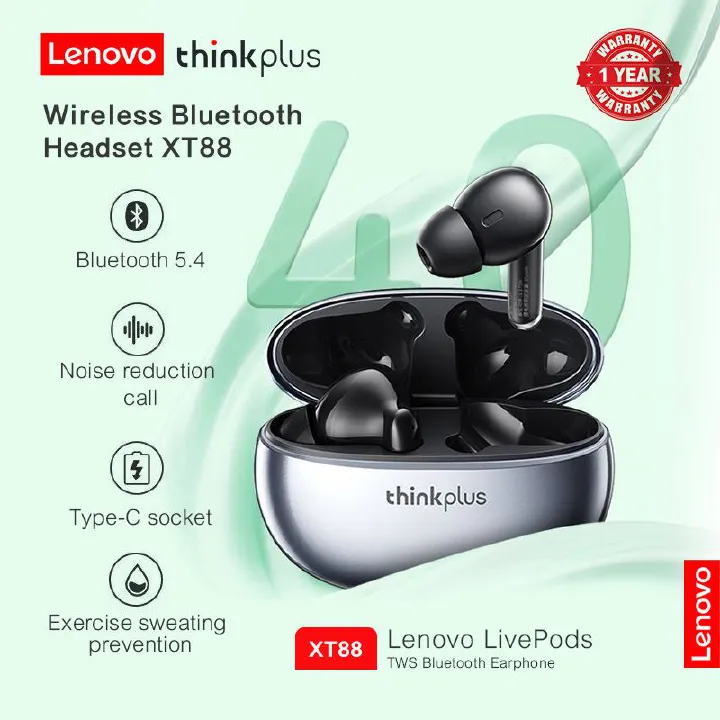 Lenovo Thinkplus XT88 Bluetooth Earphones TWS Wireless Bluetooth Earphones Touch Control 5.3 Bluetooth Dual Stereo Sound Noise Reduction Wireless Laiya Earphones