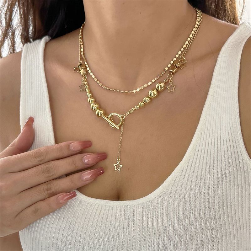2025 Hip-Hop Women's Layered Necklace Set - Stackable Star Pendant Chains Metal Beads & Alloy Links | Edgy Multi-Layer Streetwear Jewelry for Fashion trend Lady