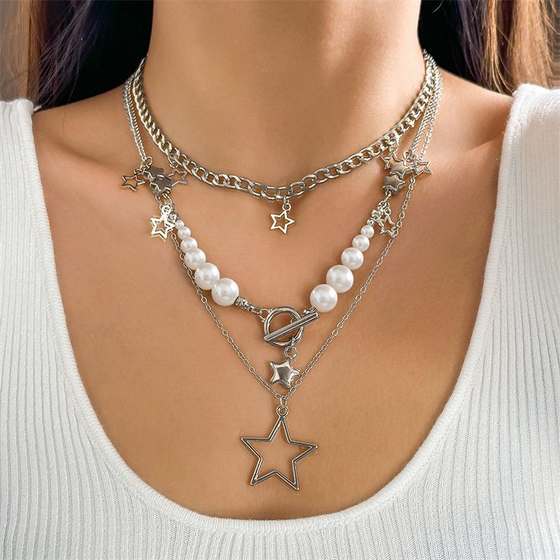 2025 Hip-Hop Women's Layered Necklace Set - Stackable Star Pendant Chains Metal Beads & Alloy Links | Edgy Multi-Layer Streetwear Jewelry for Fashion trend Lady