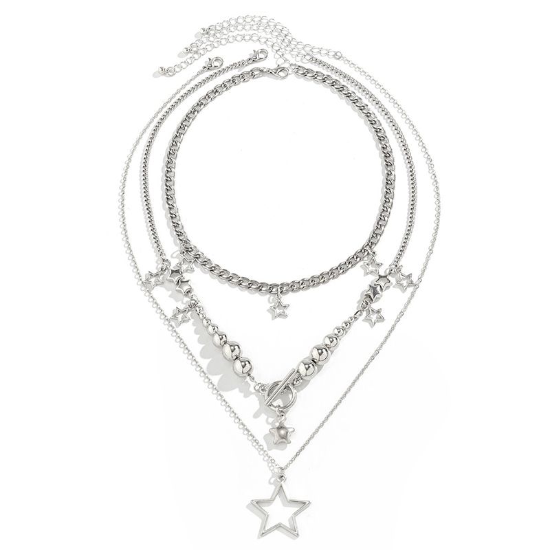2025 Hip-Hop Women's Layered Necklace Set - Stackable Star Pendant Chains Metal Beads & Alloy Links | Edgy Multi-Layer Streetwear Jewelry for Fashion trend Lady