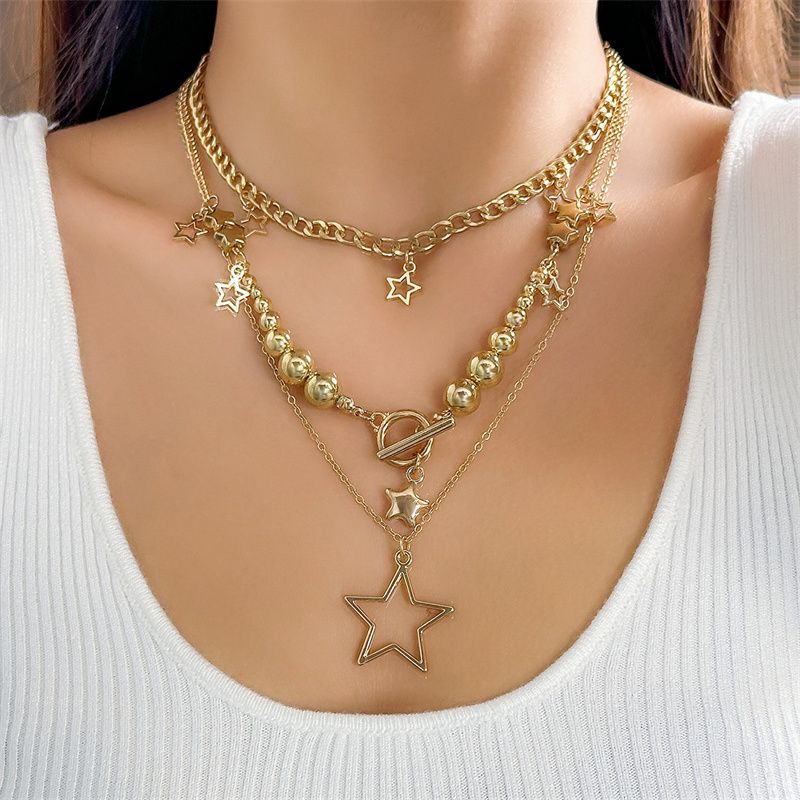 2025 Hip-Hop Women's Layered Necklace Set - Stackable Star Pendant Chains Metal Beads & Alloy Links | Edgy Multi-Layer Streetwear Jewelry for Fashion trend Lady