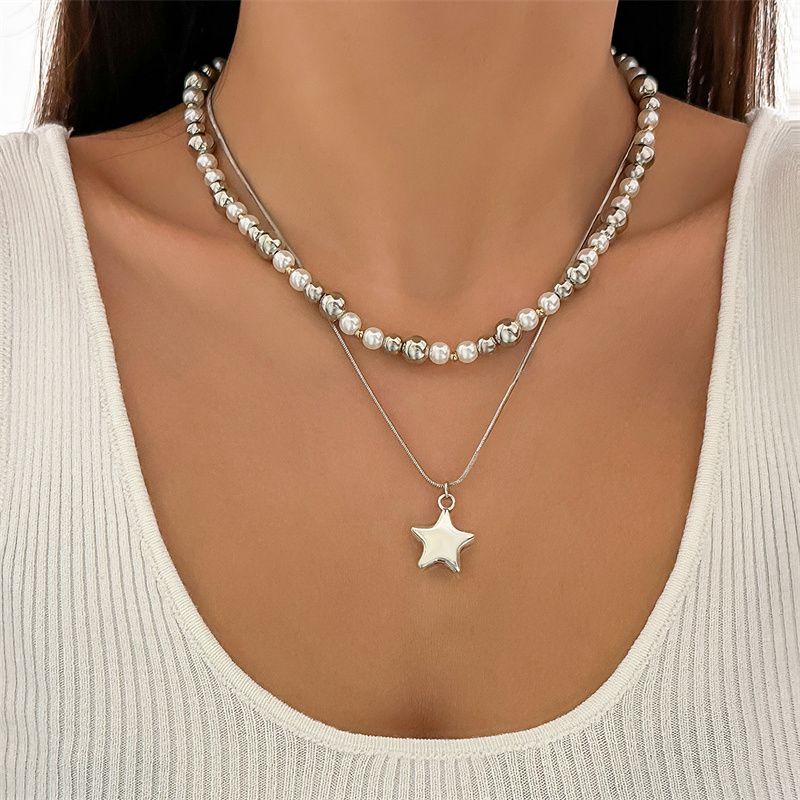 2025 Hip-Hop Women's Layered Necklace Set - Stackable Star Pendant Chains Metal Beads & Alloy Links | Edgy Multi-Layer Streetwear Jewelry for Fashion trend Lady