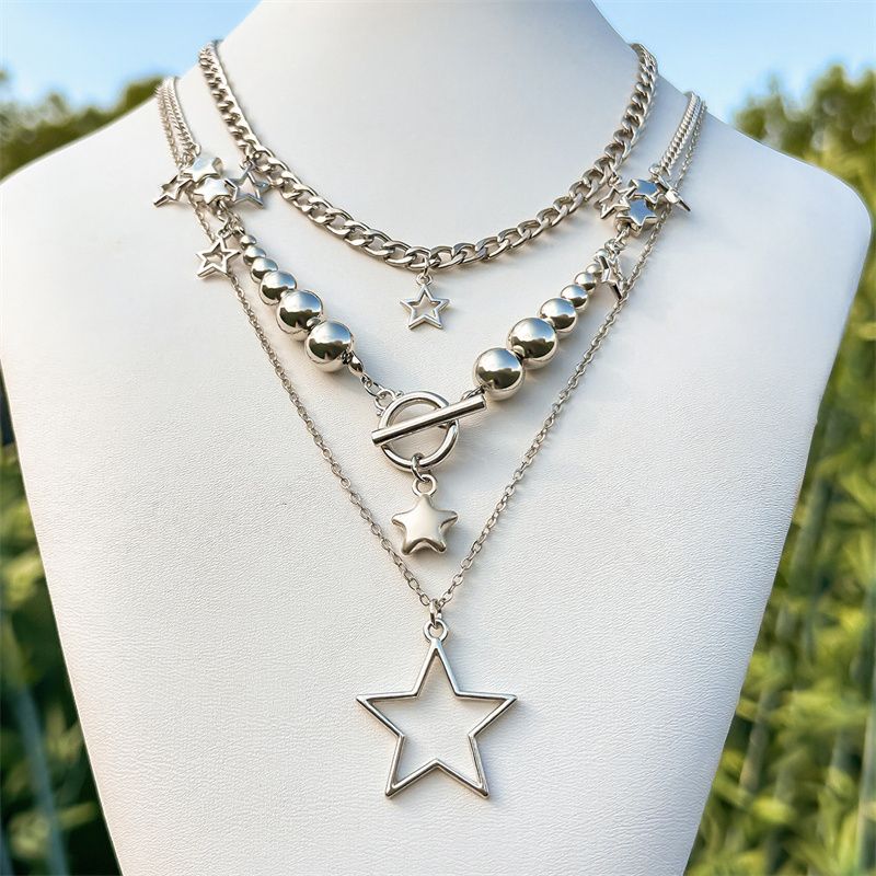 2025 Hip-Hop Women's Layered Necklace Set - Stackable Star Pendant Chains Metal Beads & Alloy Links | Edgy Multi-Layer Streetwear Jewelry for Fashion trend Lady