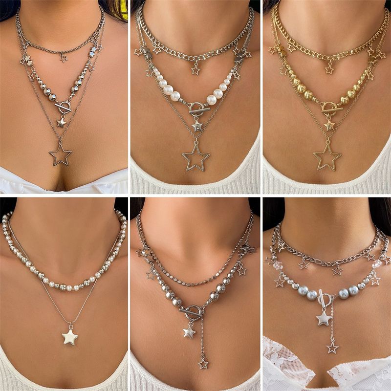 2025 Hip-Hop Women's Layered Necklace Set - Stackable Star Pendant Chains Metal Beads & Alloy Links | Edgy Multi-Layer Streetwear Jewelry for Fashion trend Lady