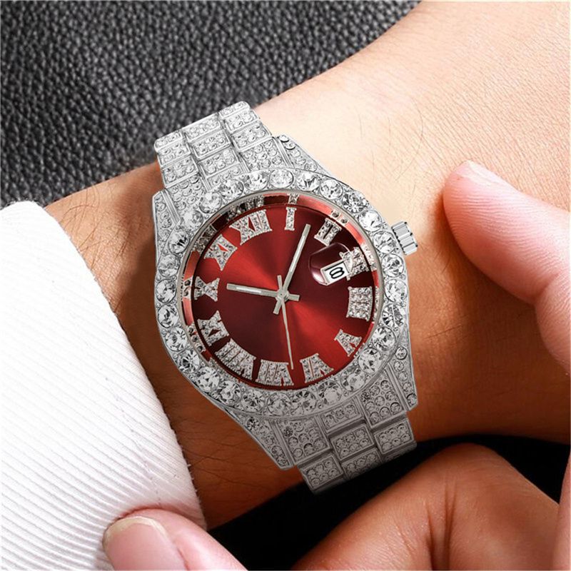 2025 3-Piece Hip-Hop Jewelry Set:Rhinestone Cuban Link Bracelet + Titanium Cross Pendant Necklace & Quartz Calendar Ice Watch Men's Streetwear Essentials (Gift-Ready Unisex Rapper Accessories)