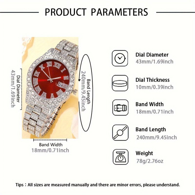 2025 3-Piece Hip-Hop Jewelry Set:Rhinestone Cuban Link Bracelet + Titanium Cross Pendant Necklace & Quartz Calendar Ice Watch Men's Streetwear Essentials (Gift-Ready Unisex Rapper Accessories)