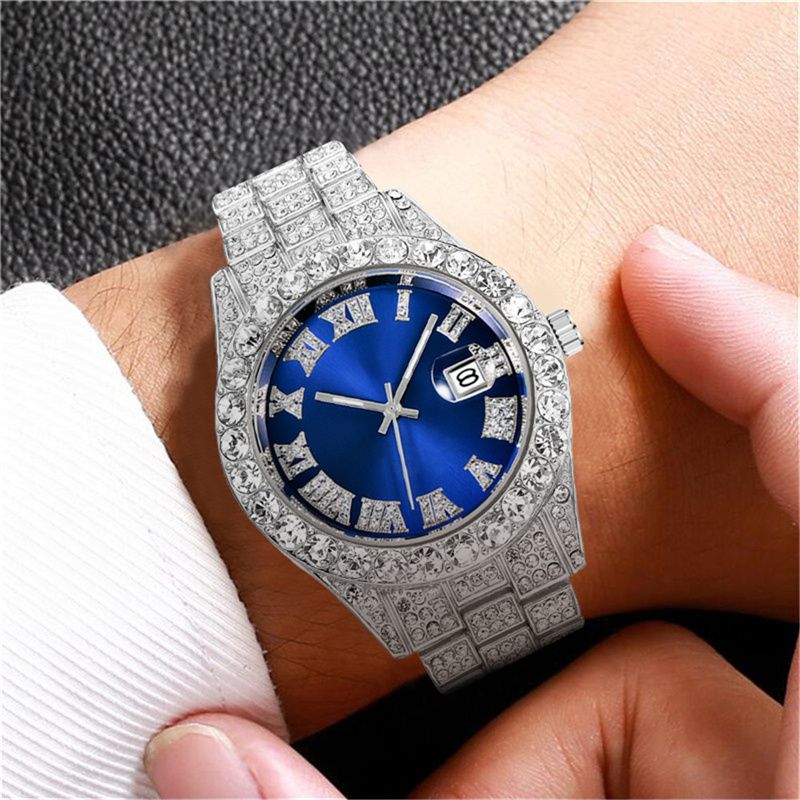 2025 3-Piece Hip-Hop Jewelry Set:Rhinestone Cuban Link Bracelet + Titanium Cross Pendant Necklace & Quartz Calendar Ice Watch Men's Streetwear Essentials (Gift-Ready Unisex Rapper Accessories)