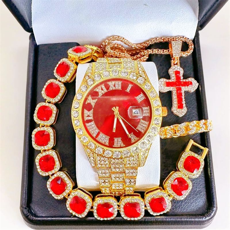 2025 4-Piece Men's Hip-Hop Jewelry Set: Iced-Out Cuban Link Bracelet + Titanium Cross Pendant & Quartz Calendar Ice Watch|Streetwear Accessories for Rappers (Gift-Ready Luxury Unisex Set)
