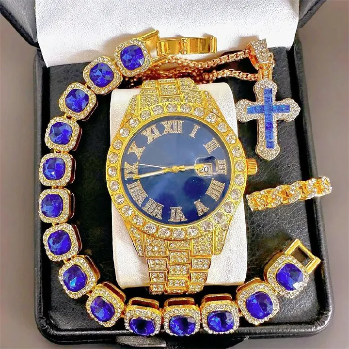 2025 4-Piece Men's Hip-Hop Jewelry Set: Iced-Out Cuban Link Bracelet + Titanium Cross Pendant & Quartz Calendar Ice Watch|Streetwear Accessories for Rappers (Gift-Ready Luxury Unisex Set)