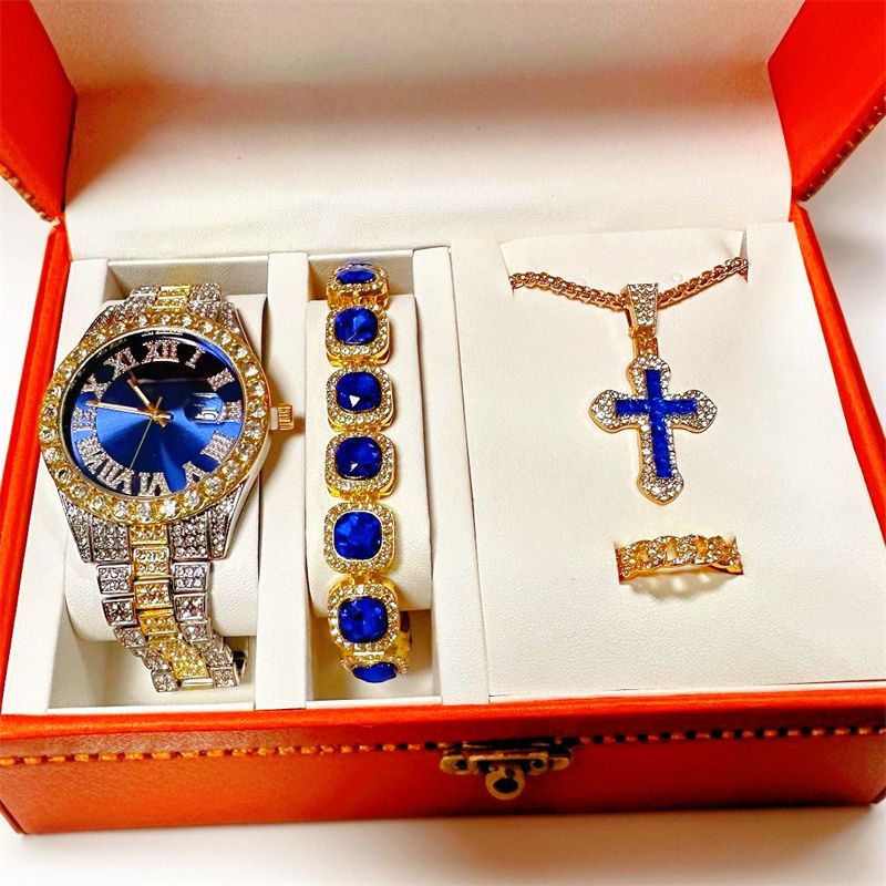 2025 4-Piece Men's Hip-Hop Jewelry Set: Iced-Out Cuban Link Bracelet + Titanium Cross Pendant & Quartz Calendar Ice Watch|Streetwear Accessories for Rappers (Gift-Ready Luxury Unisex Set)