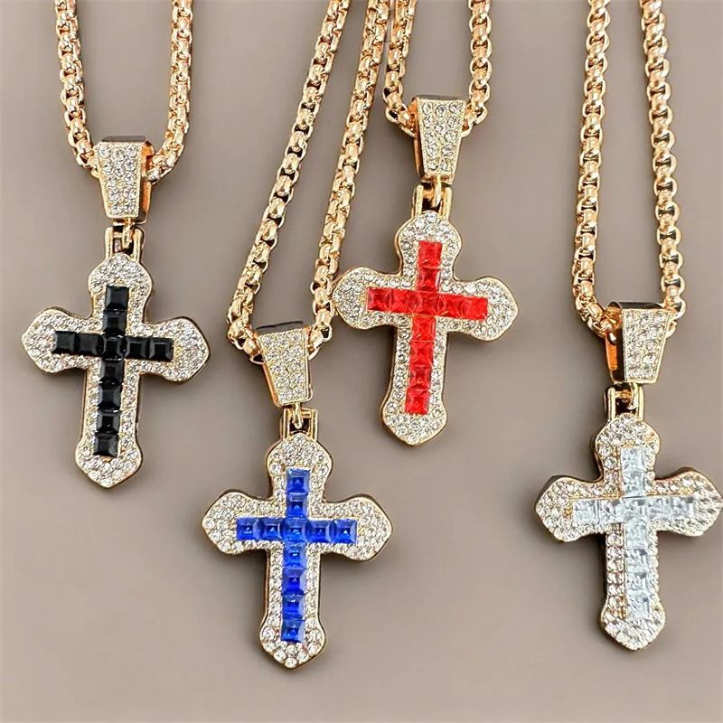 2025 4-Piece Men's Hip-Hop Jewelry Set: Iced-Out Cuban Link Bracelet + Titanium Cross Pendant & Quartz Calendar Ice Watch|Streetwear Accessories for Rappers (Gift-Ready Luxury Unisex Set)