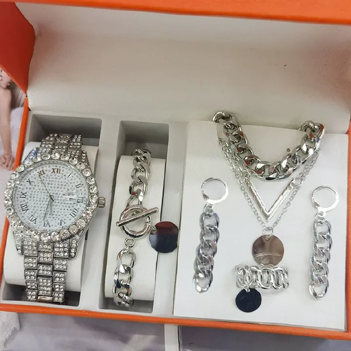 5pcs/set 2025 New Hip-Hop Unisex Jewelry Set: Diamond-Accented Quartz Ice Watch with Stackable Metal Necklace Bracelet Earrings Ring Urban Luxury for Streetwear & Nightlife Styling